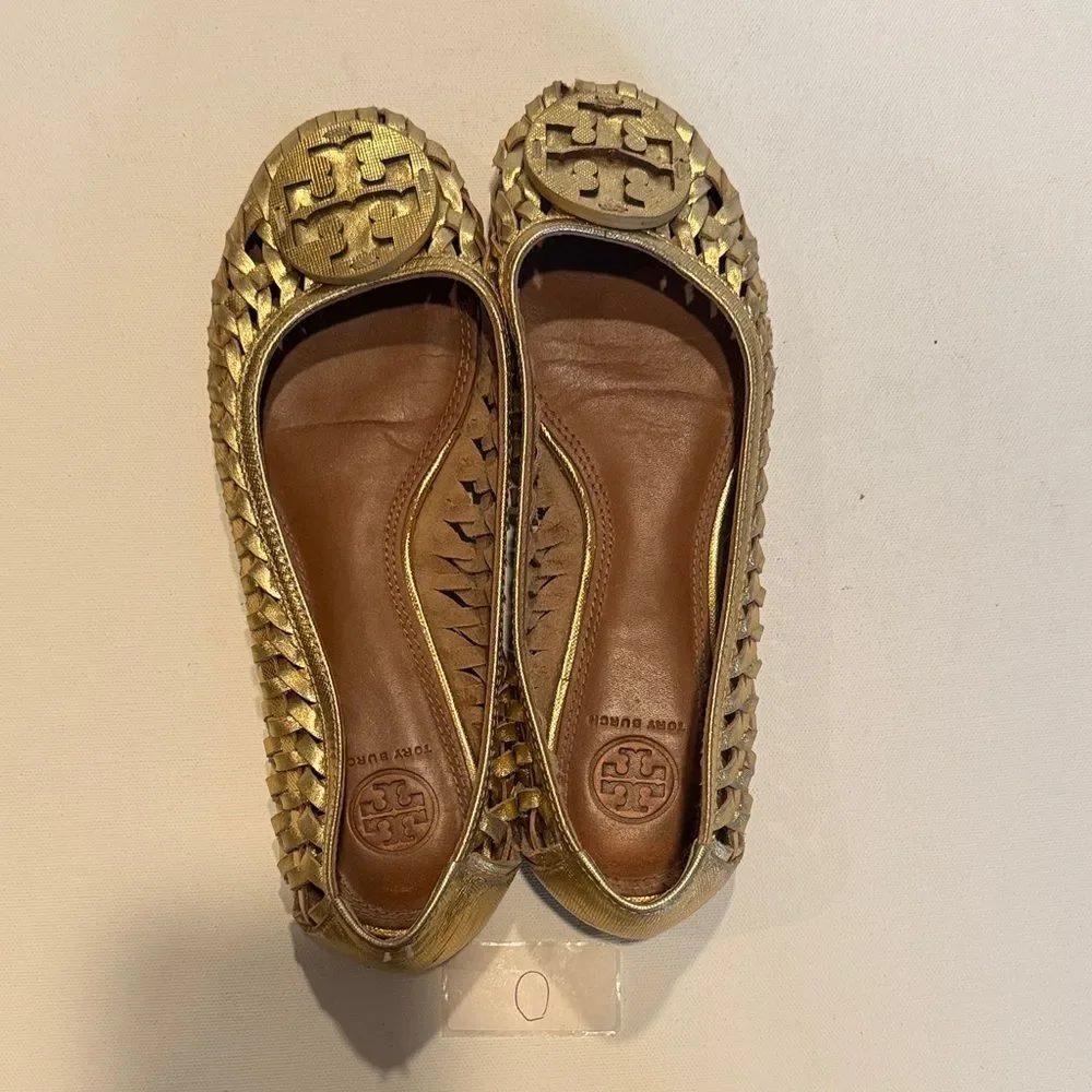 Tory Burch Metallic Gold Woven Logo Ballet Flats